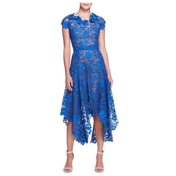MARCHESA LACE HANDKERCHIEF RAW EDGE HEM MIDI DRESS Dresses
